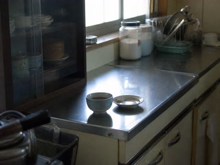 冷めた茶と小さな皿(家の用事の合間)