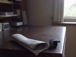 丸めた新聞と鉛筆削り(茶を一口飲んだ後)