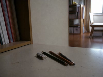 小さな消しゴムと三本の鉛筆（茶を一口飲んだ後）