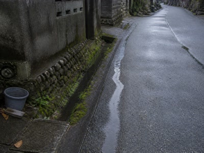 雨上がりの細い水筋(道の端へ目をやった時)