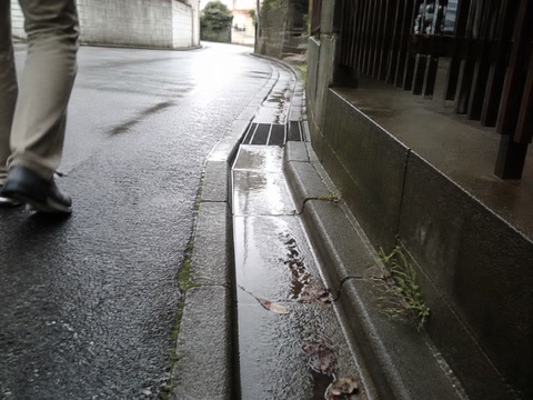 雨の後の排水溝(鞄を持ち直した時)。背景に人物が一人写る