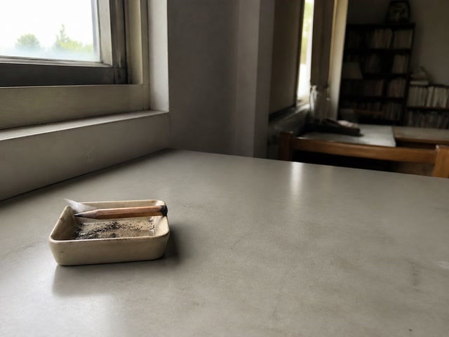 短い鉛筆と四角い灰皿（椅子へ座った時）